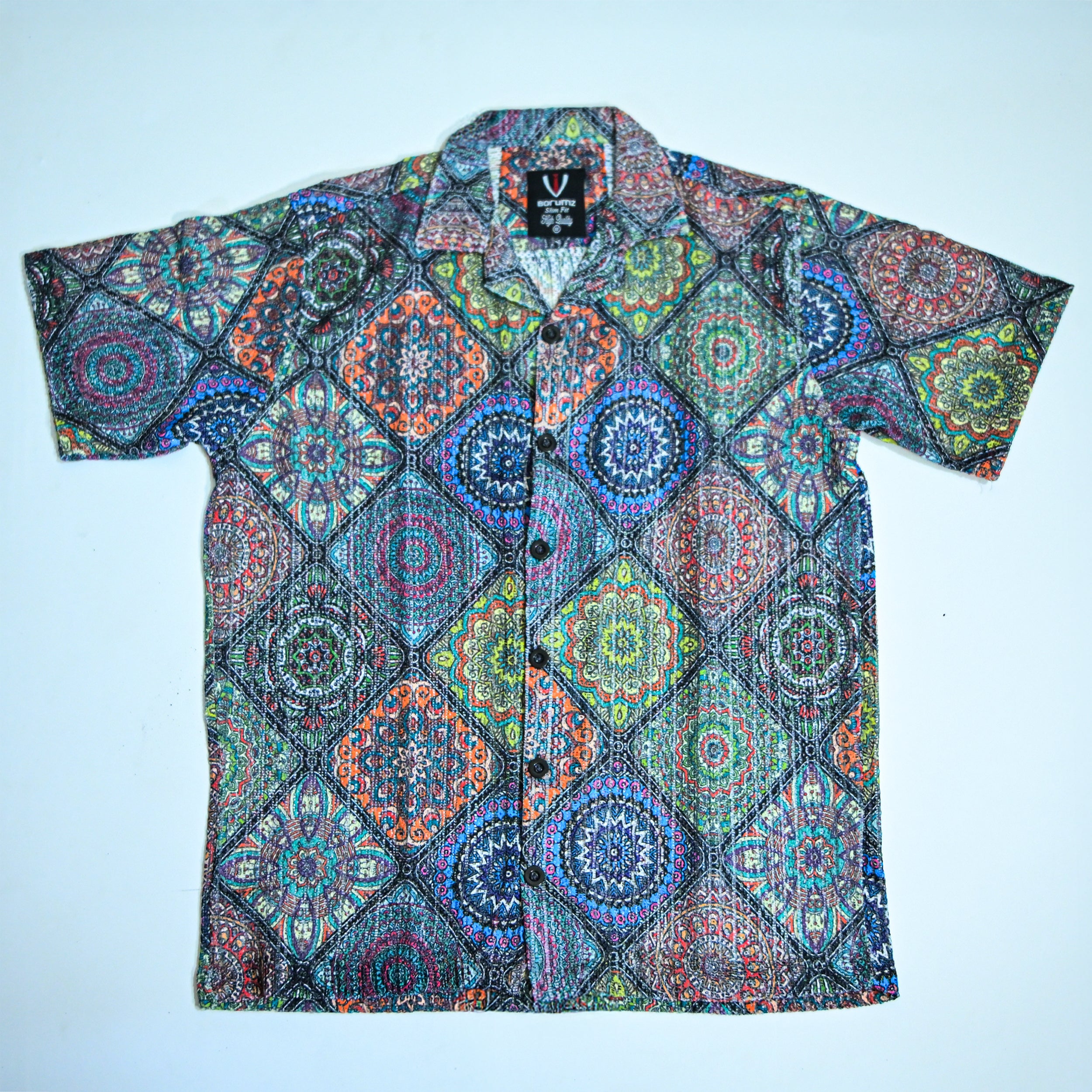 Borumz Crochet-Inspired Geometric Print Cuban Collar Shirt – Boxy Fit