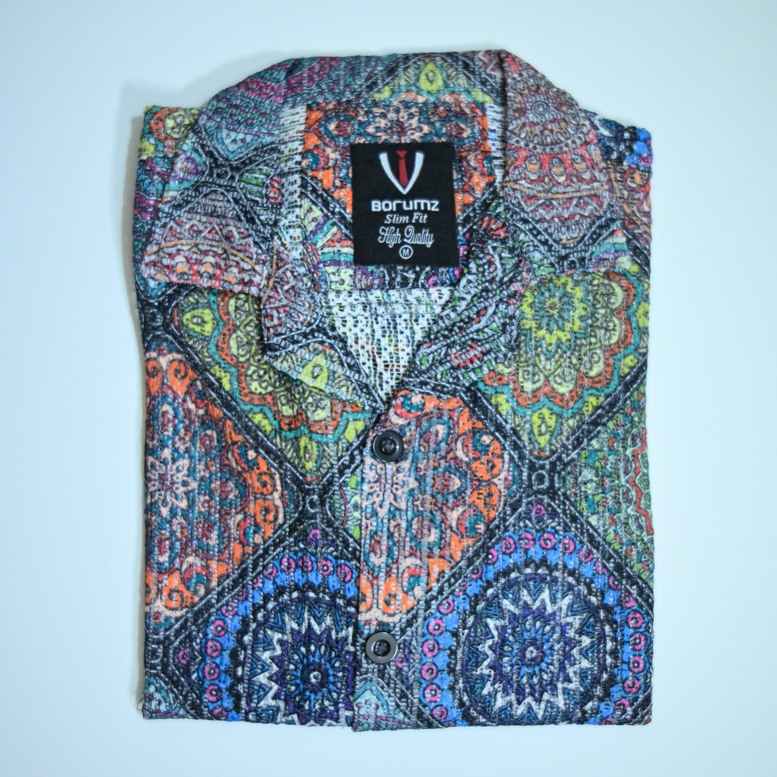 Borumz Crochet-Inspired Geometric Print Cuban Collar Shirt – Boxy Fit