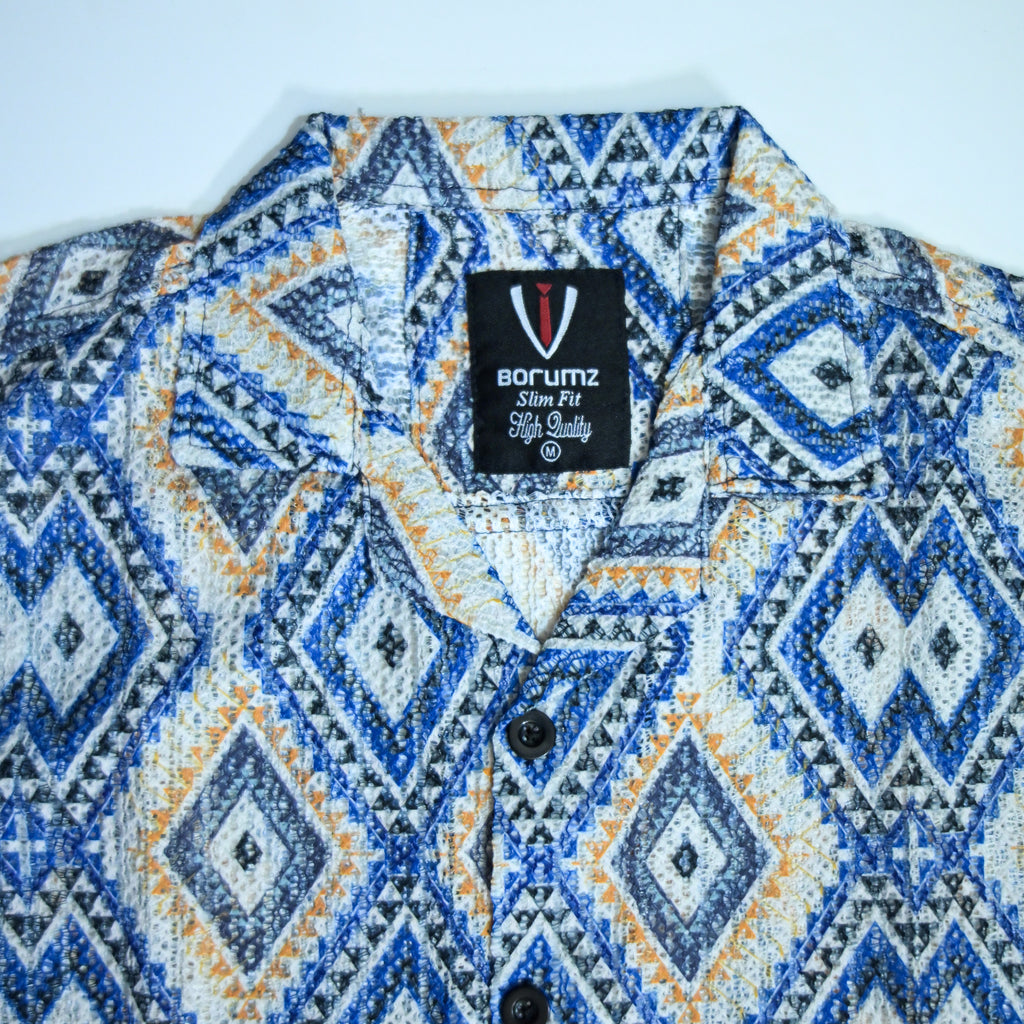 Borumz Crochet-Inspired Geometric Print Cuban Collar Shirt – Boxy Fit