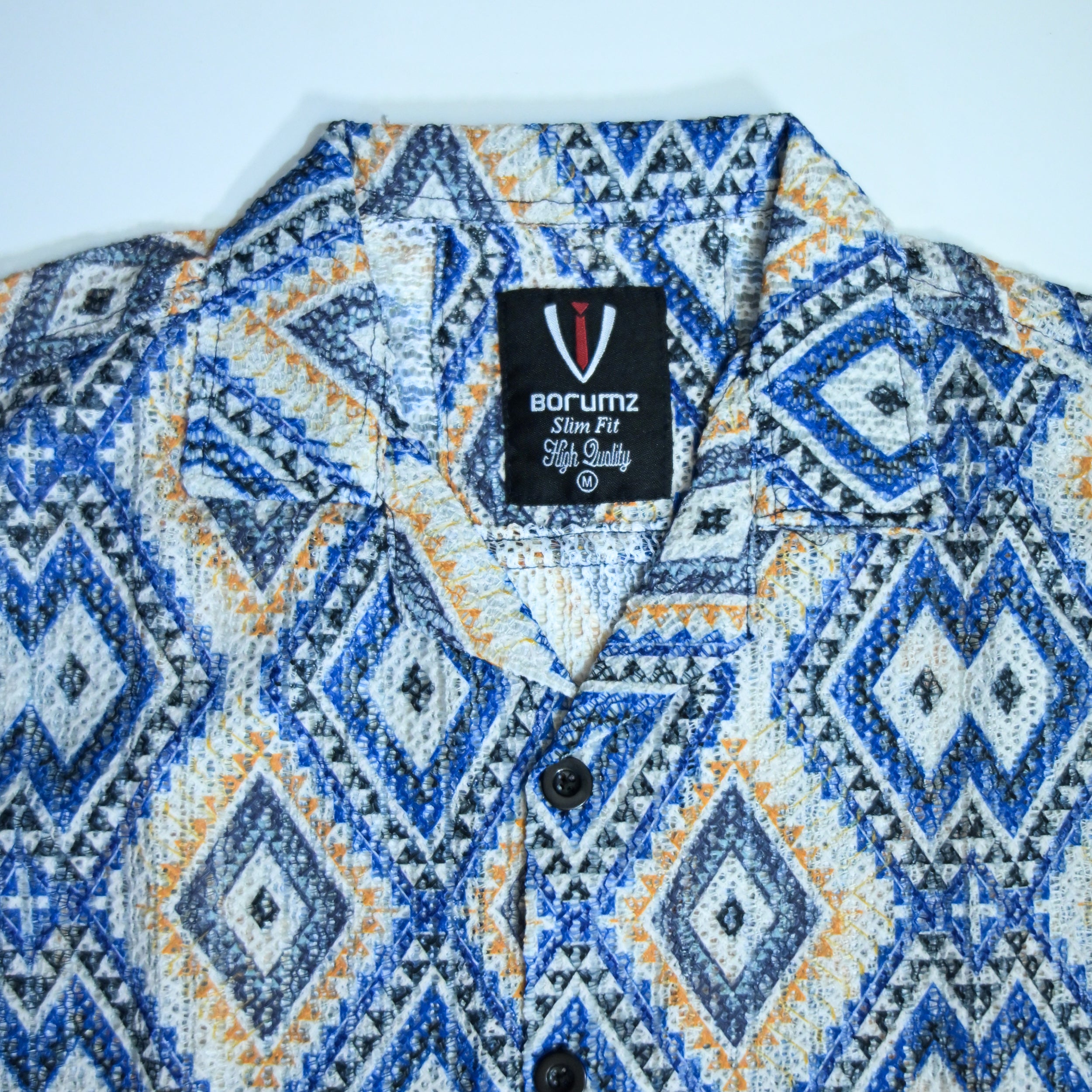 Borumz Crochet-Inspired Geometric Print Cuban Collar Shirt – Boxy Fit