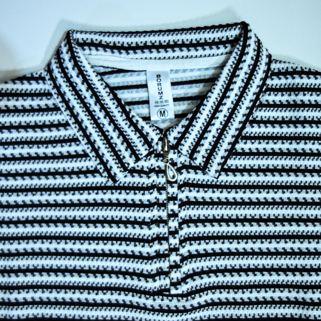 Black & White Striped Zip Polo Shirt | Knit Polo