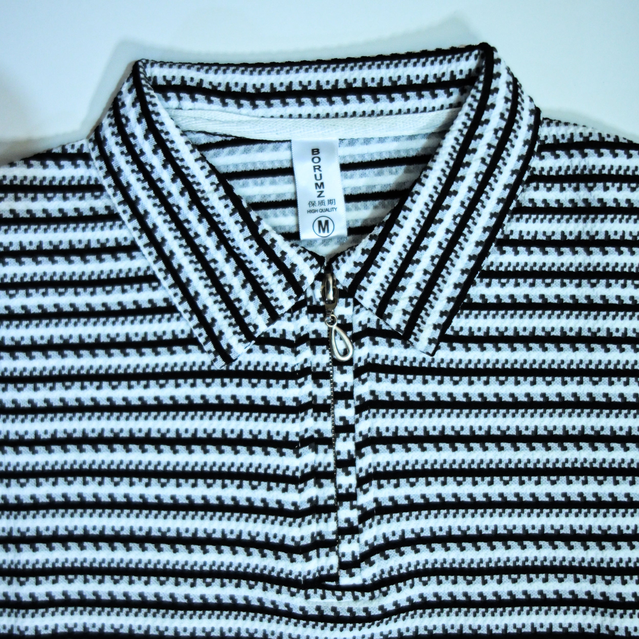 Black & White Striped Zip Polo Shirt | Knit Polo
