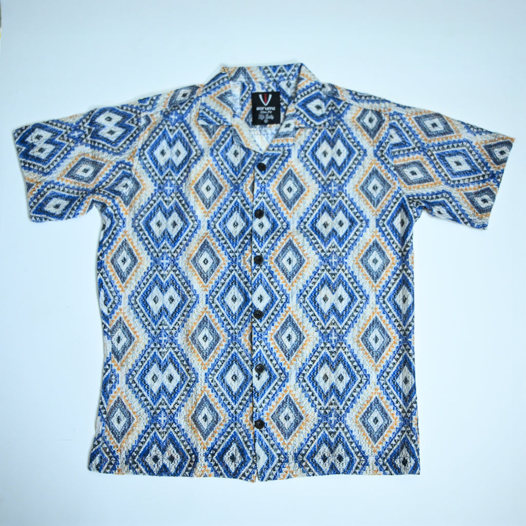 Borumz Crochet-Inspired Geometric Print Cuban Collar Shirt – Boxy Fit