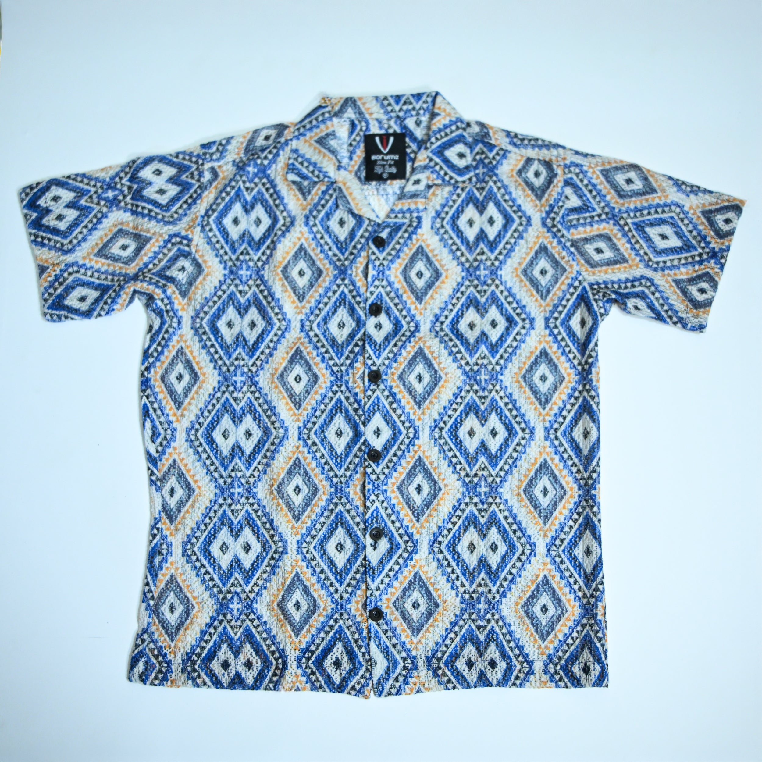 Borumz Crochet-Inspired Geometric Print Cuban Collar Shirt – Boxy Fit