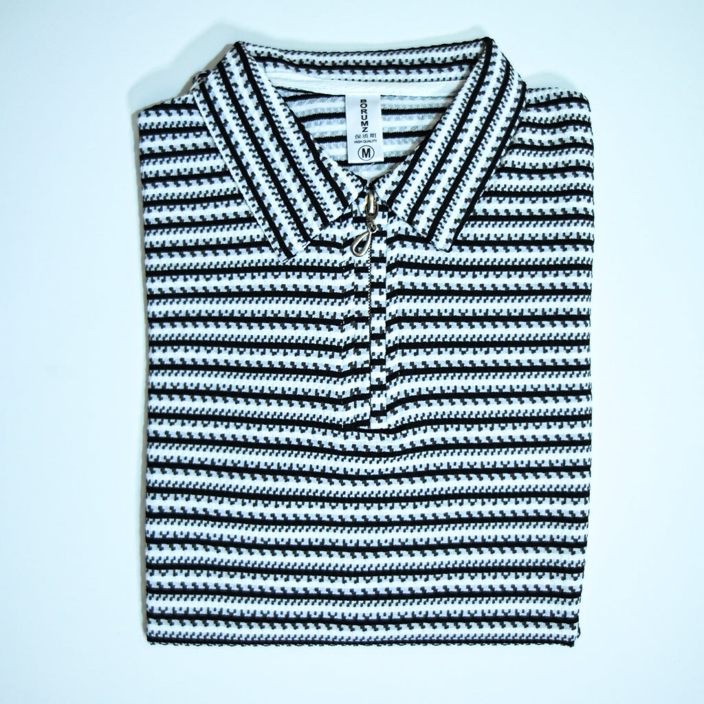 Black & White Striped Zip Polo Shirt | Knit Polo