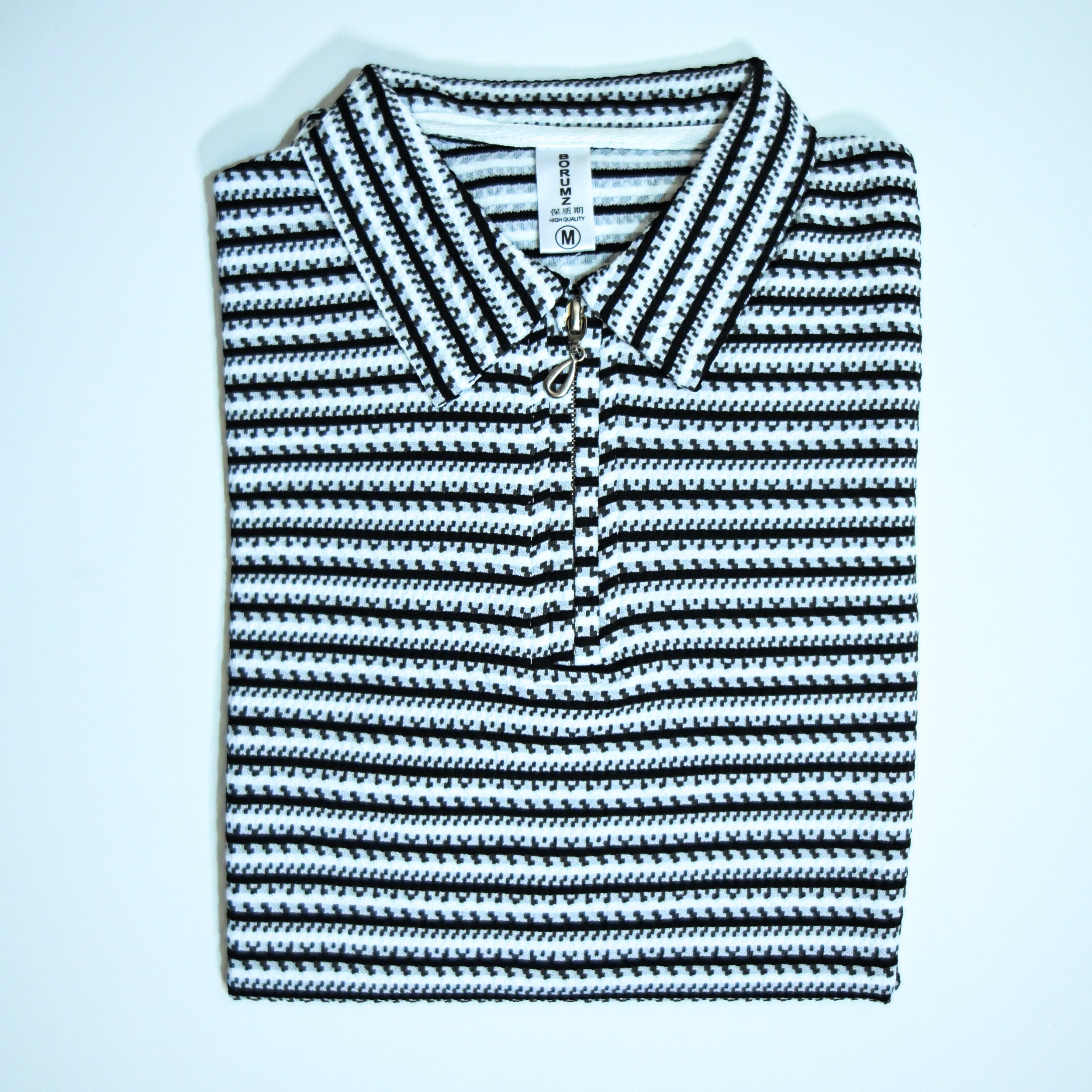 Black & White Striped Zip Polo Shirt | Knit Polo