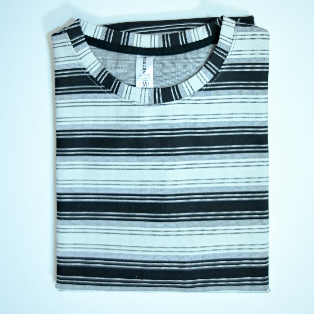 Off Shoulder Baggy T-Shirt | Multi Stripe - White & Black | Premium Oversized Cotton Tee