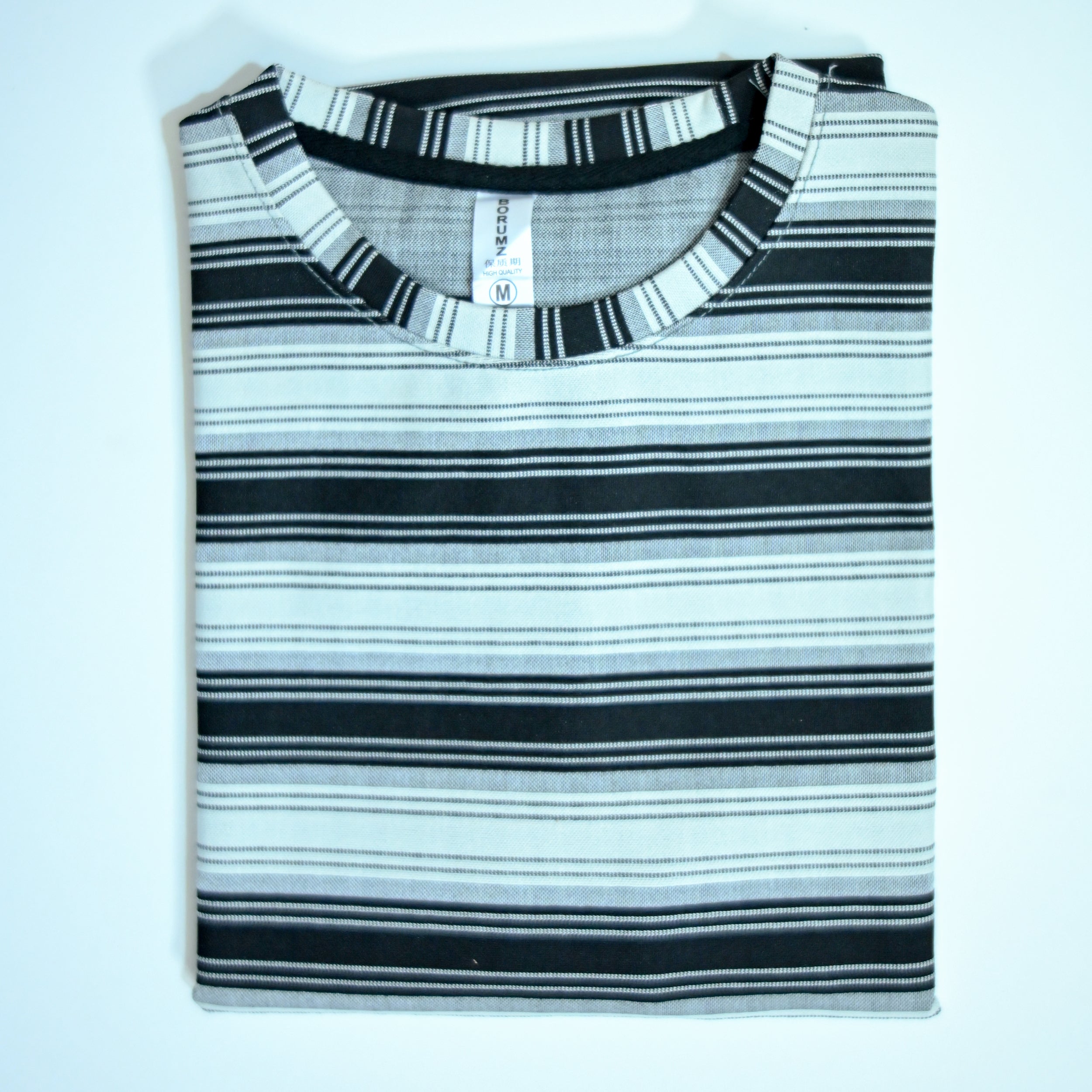 Off Shoulder Baggy T-Shirt | Multi Stripe - White & Black | Premium Oversized Cotton Tee