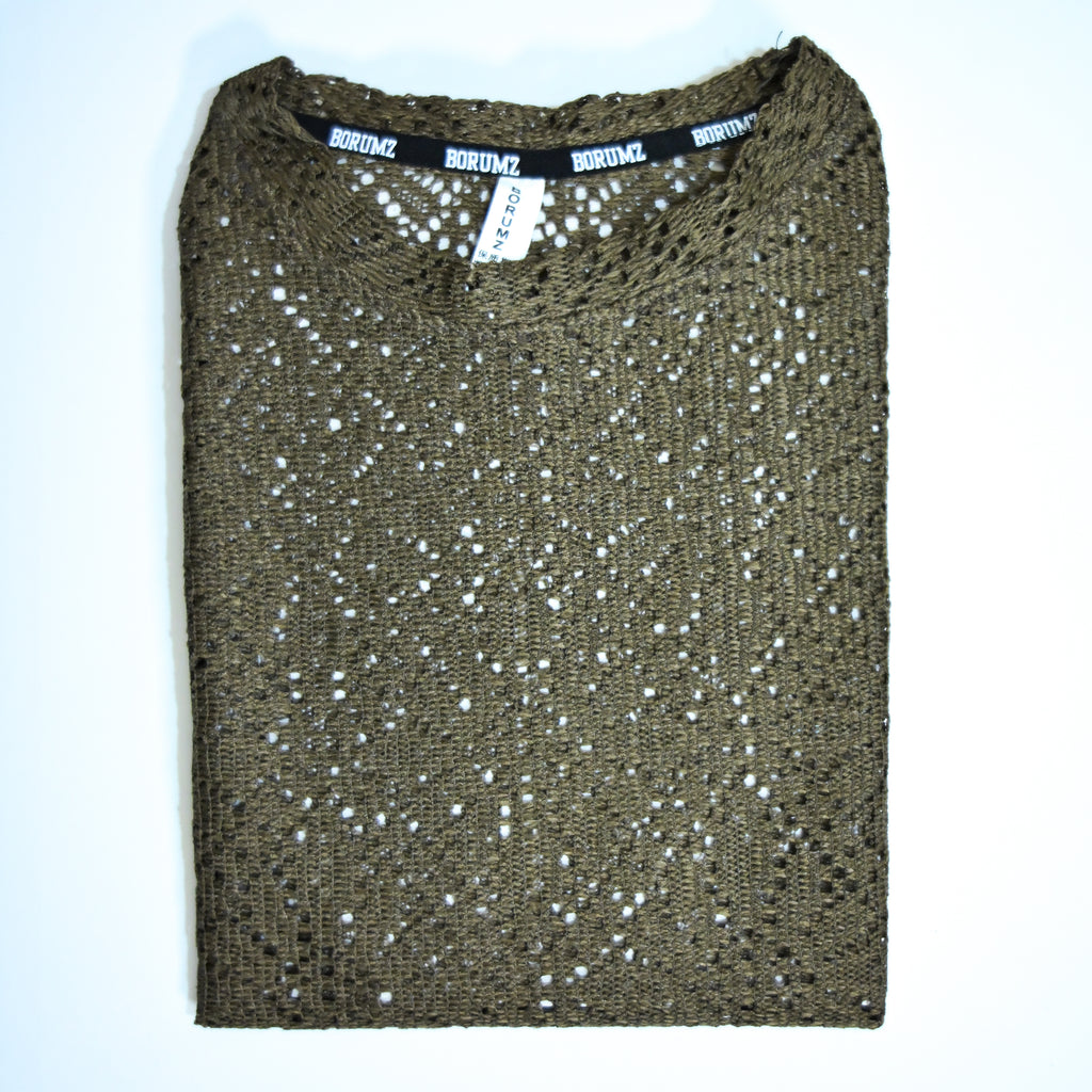 Summer Mesh Knit T-Shirt - Army Green | Premium Crochet Knit Oversized Tee