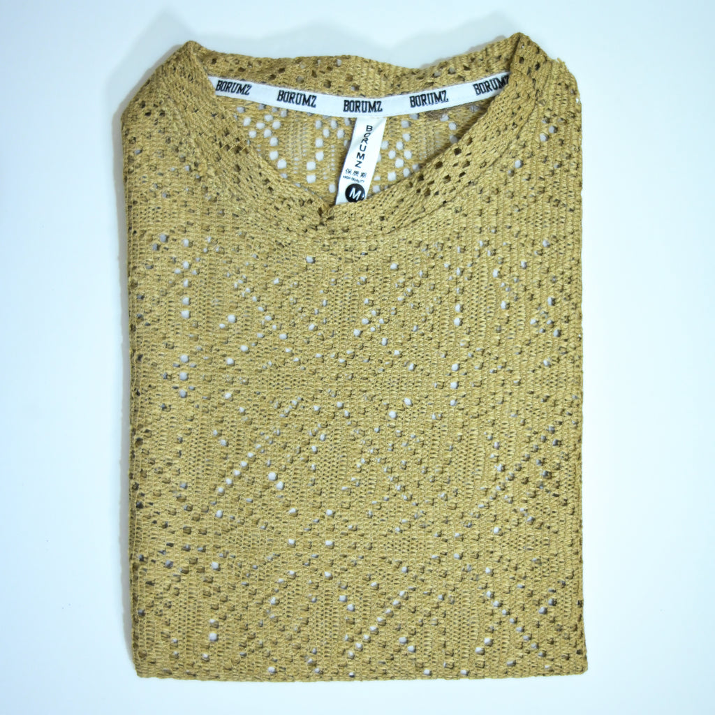 Summer Mesh Knit T-Shirt -  Mustard Gold | Premium Crochet Knit Oversized Tee