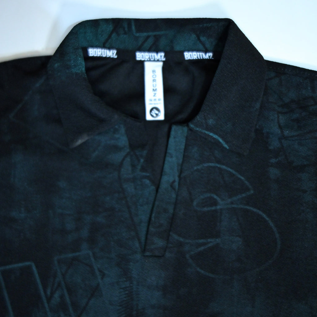 Black Abstract Print Johnny Collar Polo