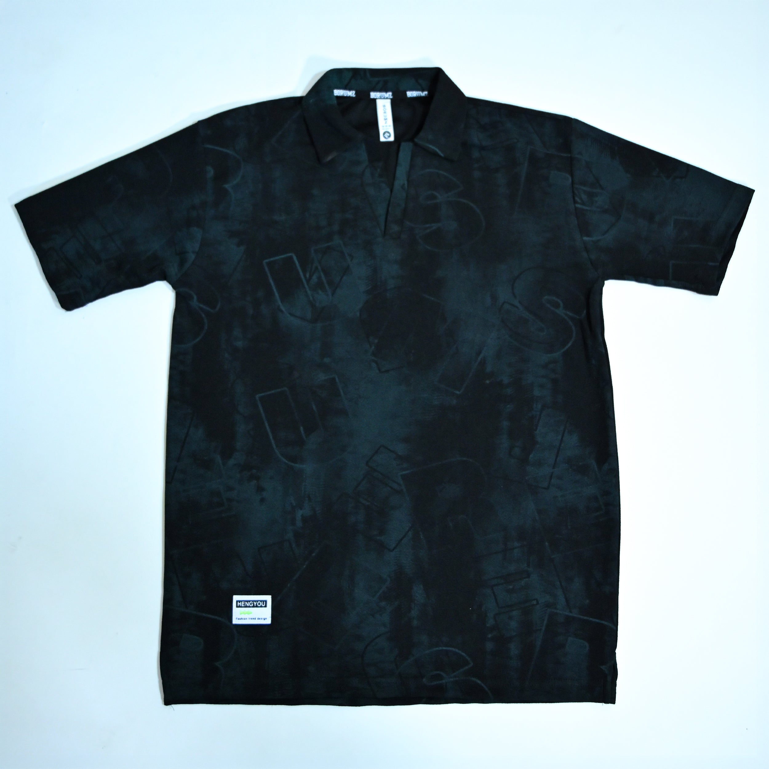 Black Abstract Print Johnny Collar Polo