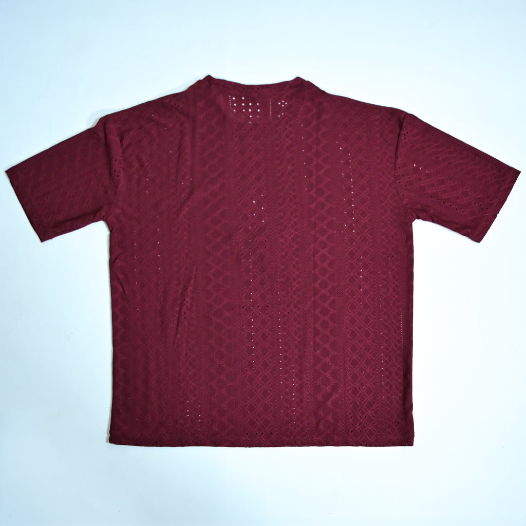 Premium Embroidered Eyelet Drop Shoulder T-Shirt - Deep Maroon