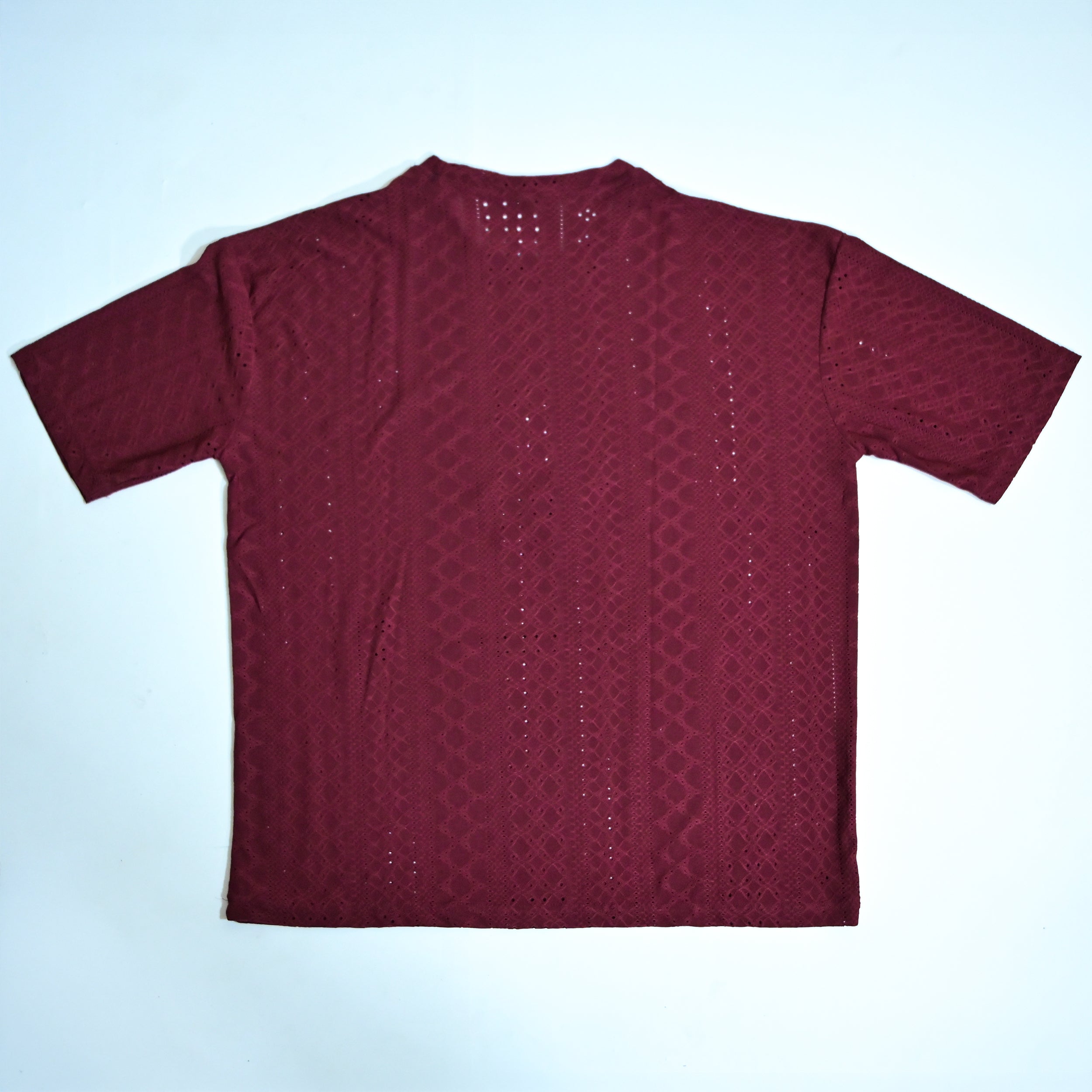 Premium Embroidered Eyelet Drop Shoulder T-Shirt - Deep Maroon