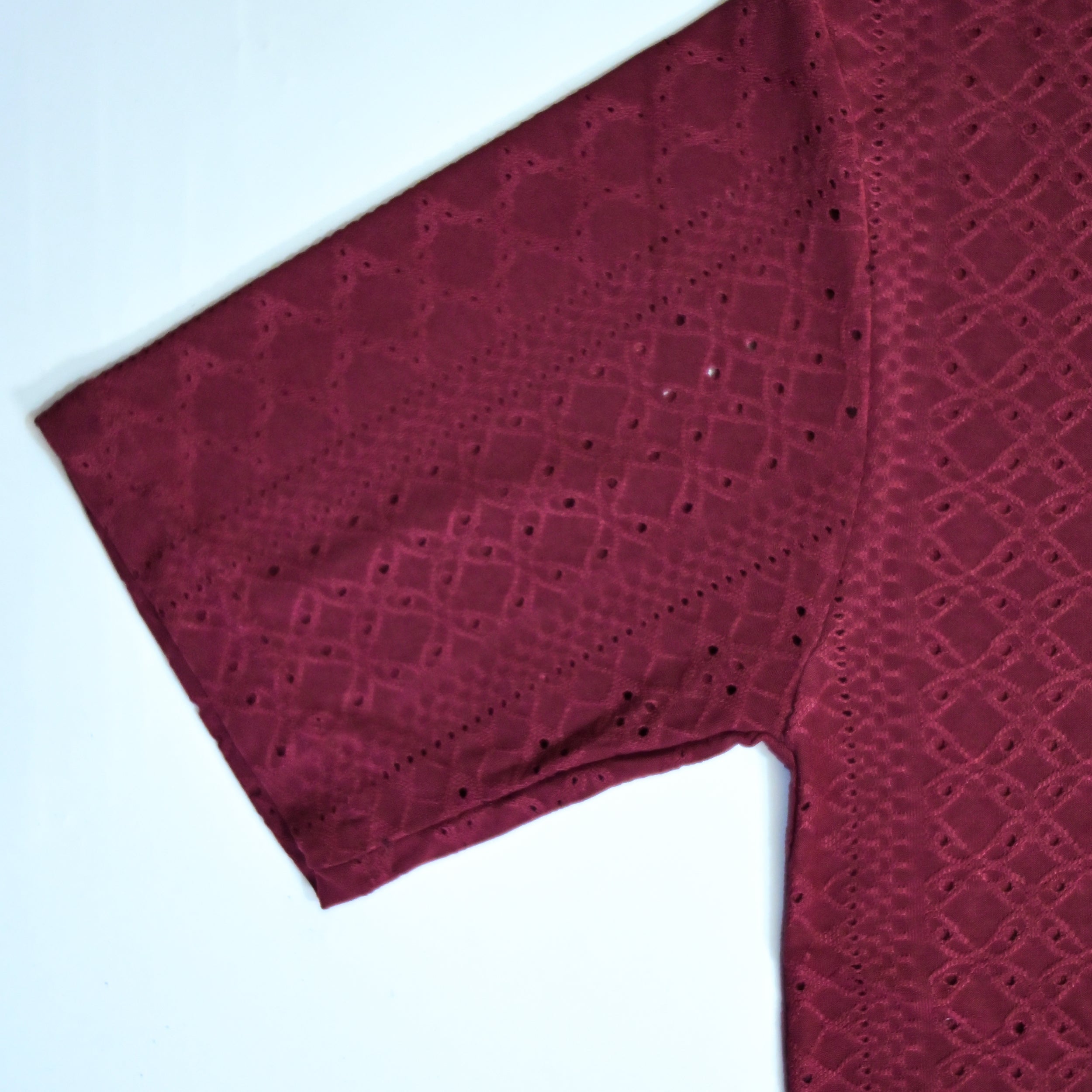 Premium Embroidered Eyelet Drop Shoulder T-Shirt - Deep Maroon