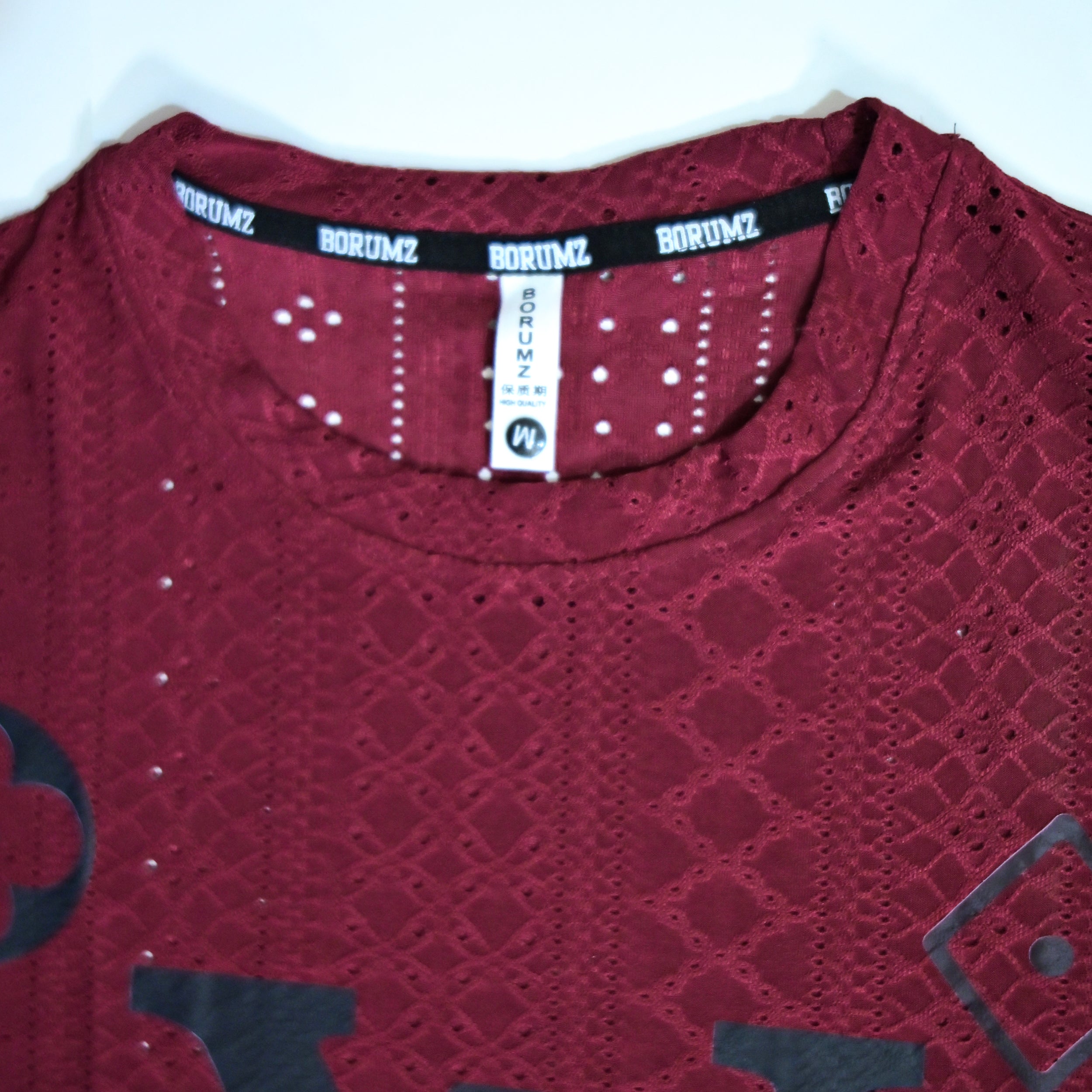 Premium Embroidered Eyelet Drop Shoulder T-Shirt - Deep Maroon
