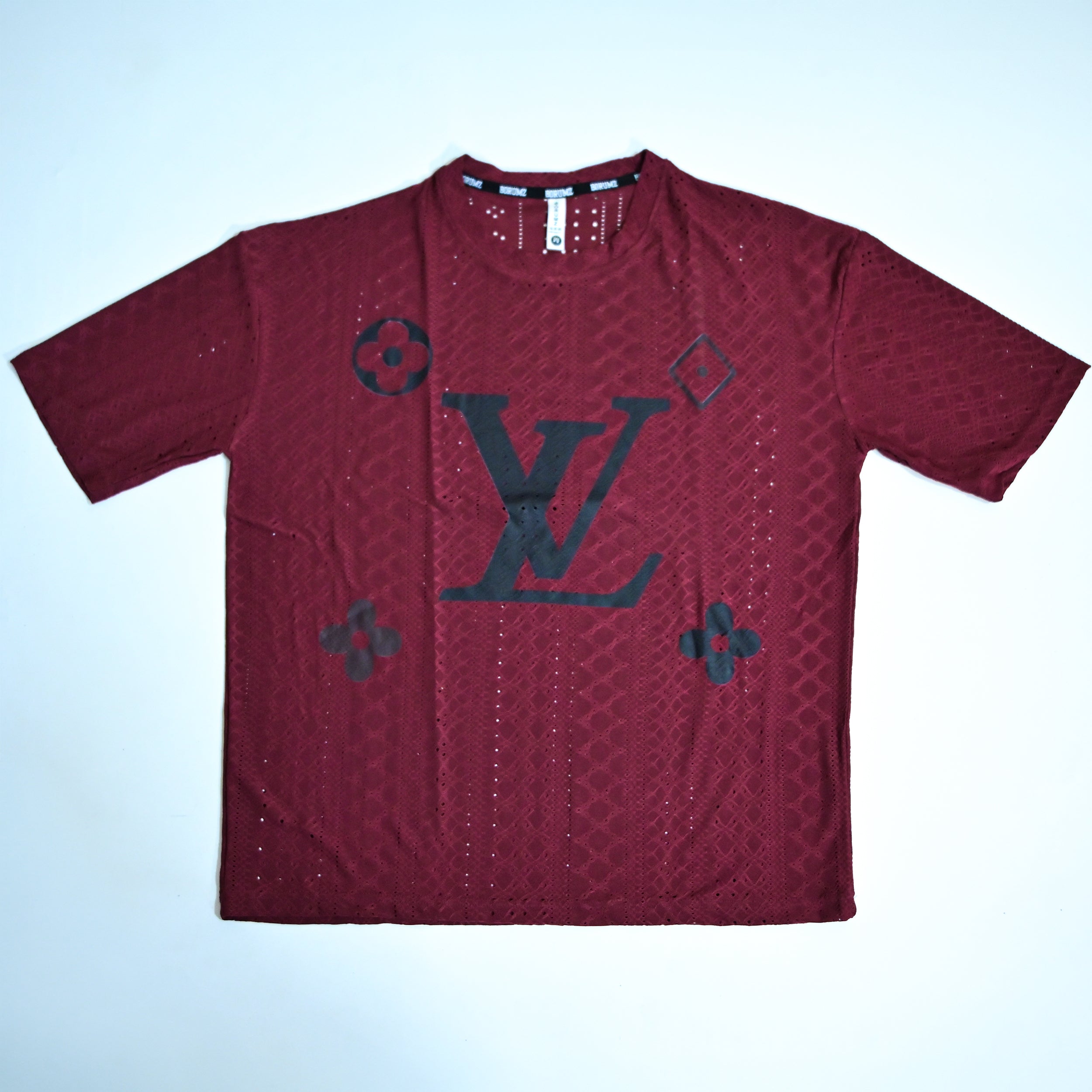Premium Embroidered Eyelet Drop Shoulder T-Shirt - Deep Maroon