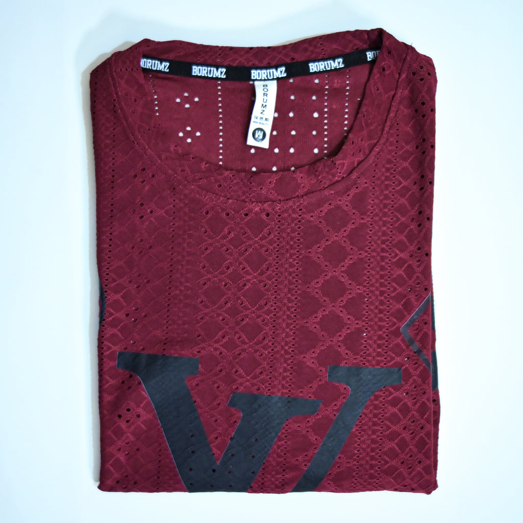 Premium Embroidered Eyelet Drop Shoulder T-Shirt - Deep Maroon