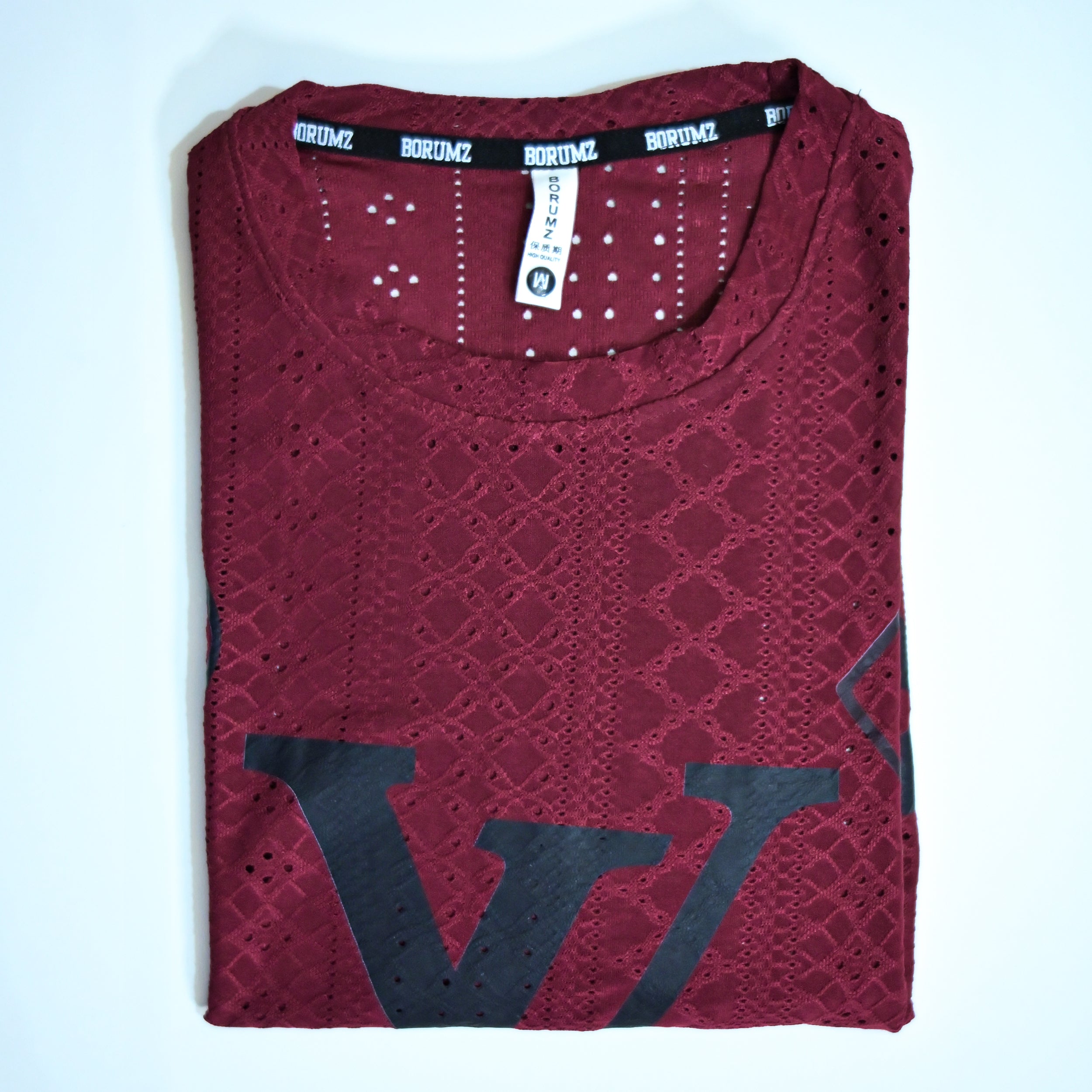 Premium Embroidered Eyelet Drop Shoulder T-Shirt - Deep Maroon