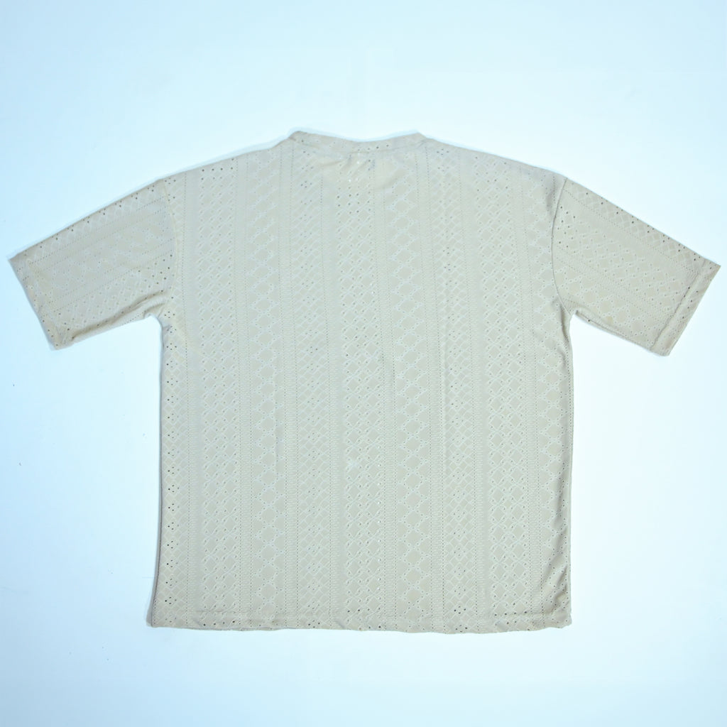 Premium Embroidered Eyelet Drop Shoulder T-Shirt - Beige