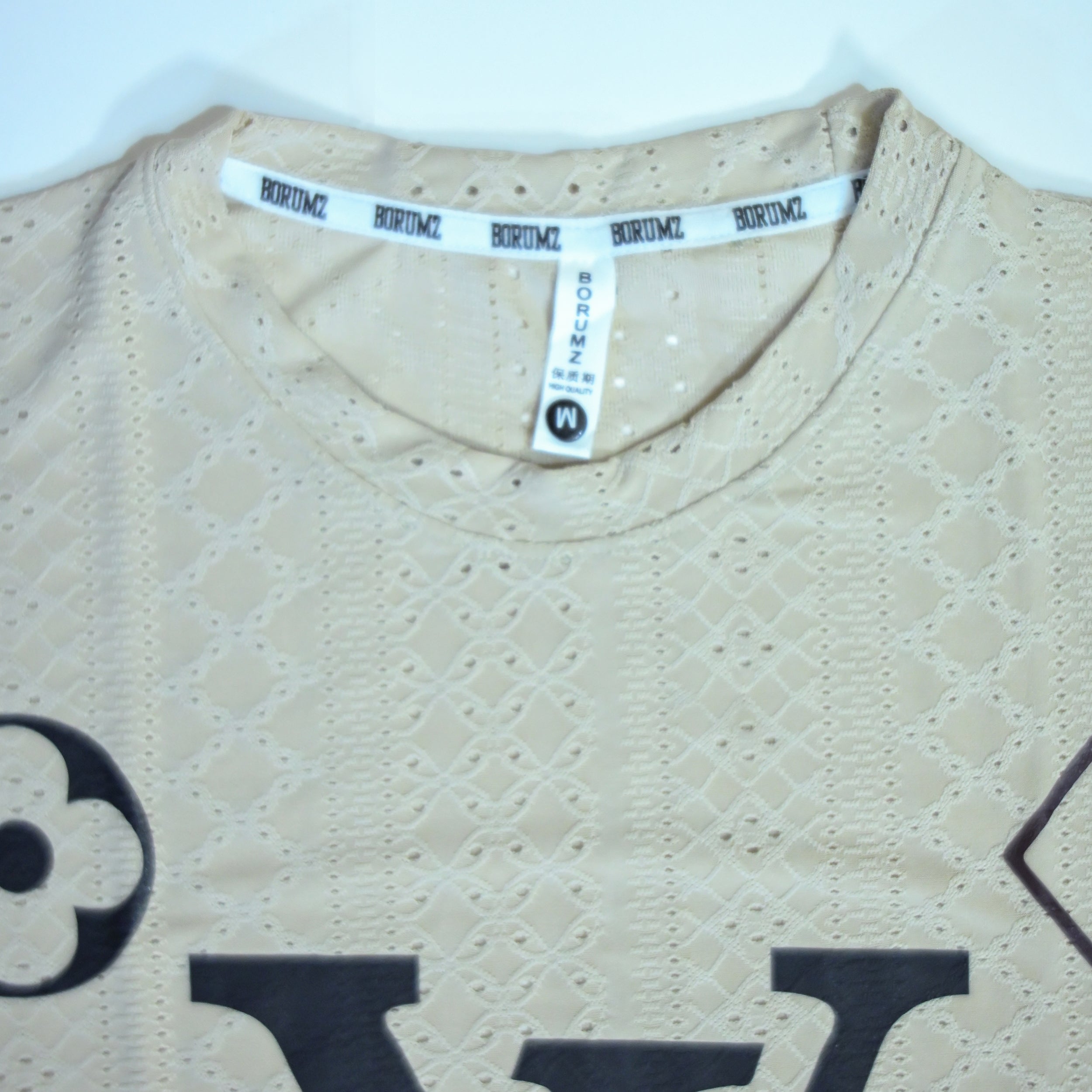 Premium Embroidered Eyelet Drop Shoulder T-Shirt - Beige
