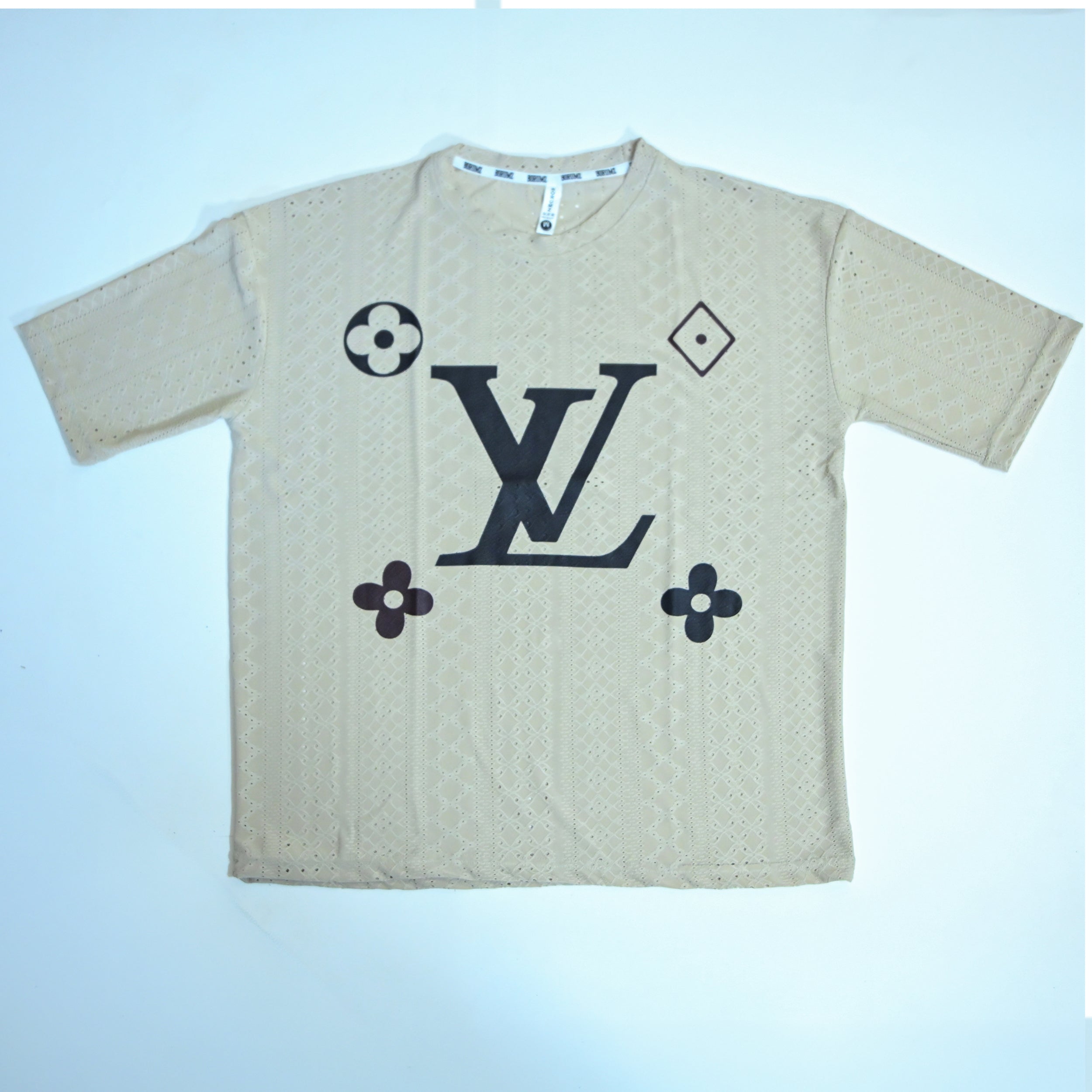 Premium Embroidered Eyelet Drop Shoulder T-Shirt - Beige