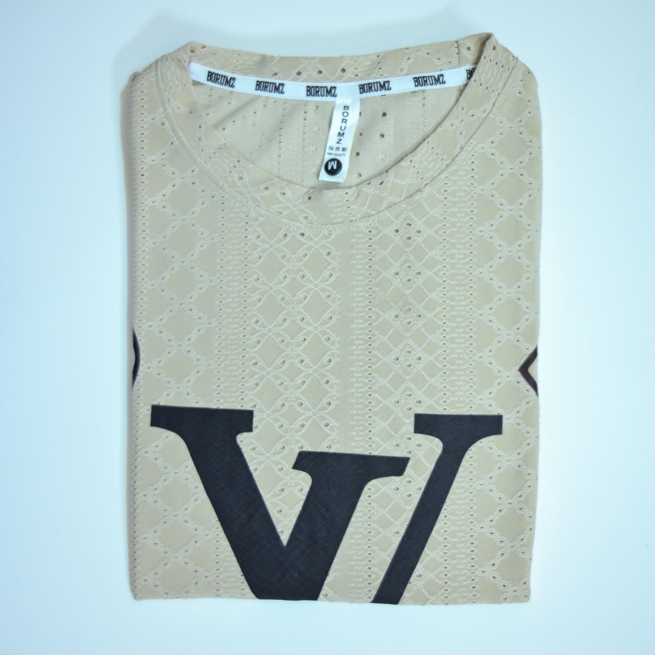 Premium Embroidered Eyelet Drop Shoulder T-Shirt - Beige