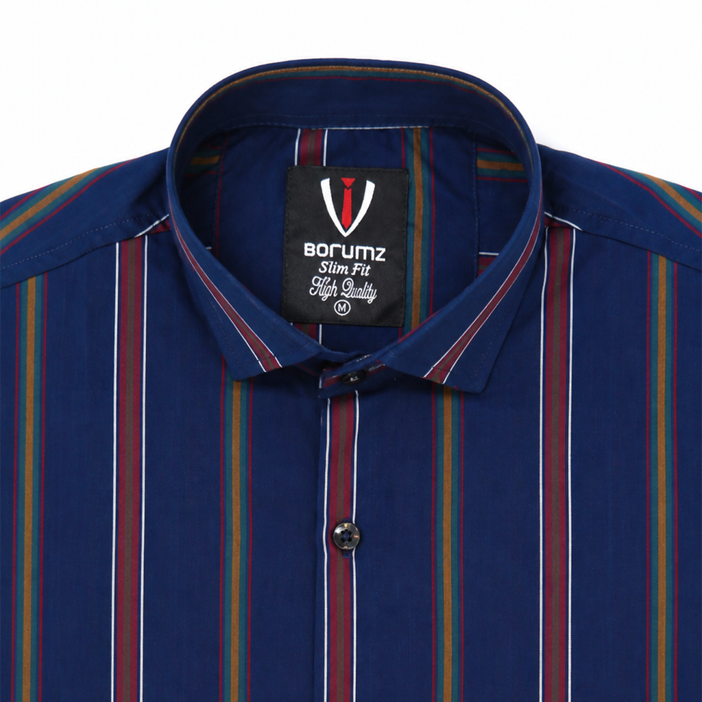 Men’s Navy Multicolour Striped Slim-Fit Shirt