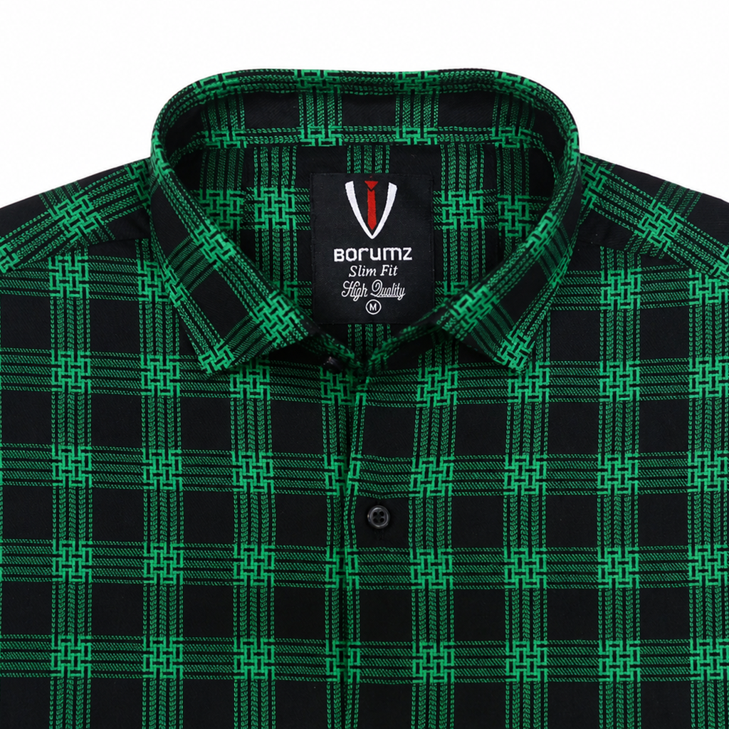 Men’s Black & Green Check Slim-Fit Shirt