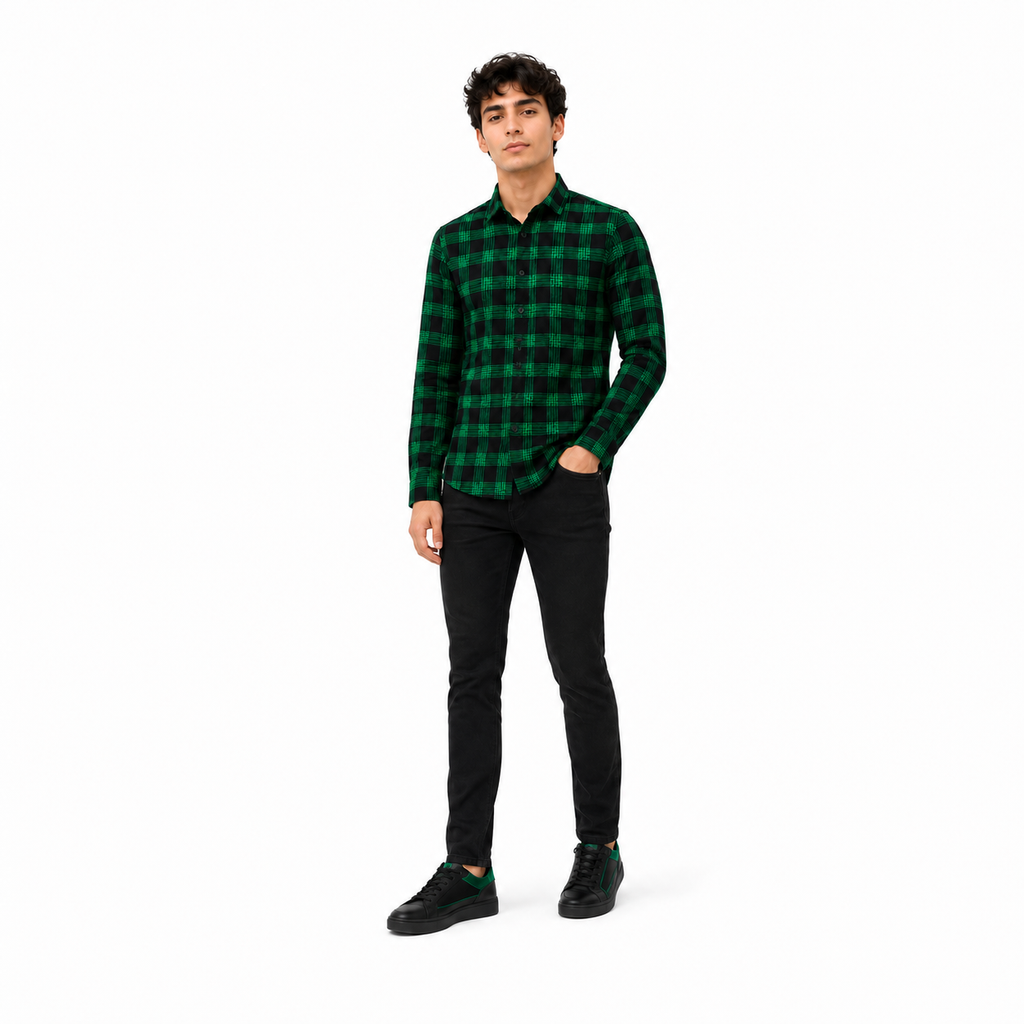 Men’s Black & Green Check Slim-Fit Shirt