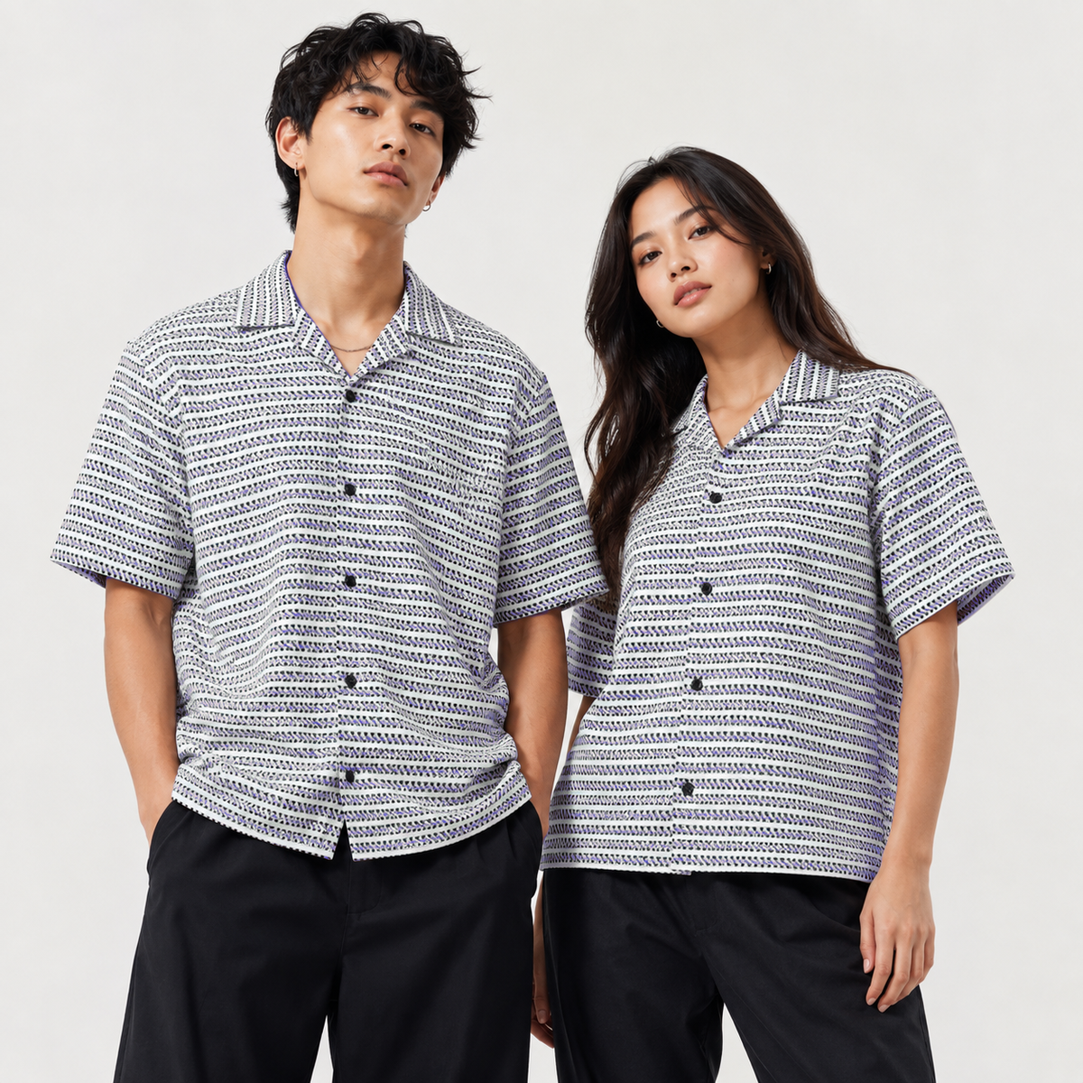 White & Blue Geometric Textured Boxy Fit Shirt