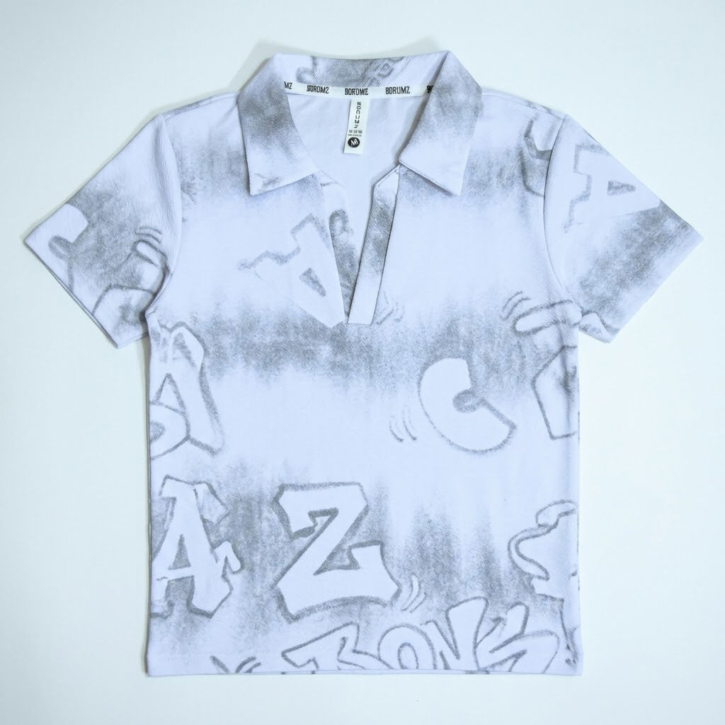 White Tie-Dye Alphabet Print Johnny Collar Polo Shirt - Polo