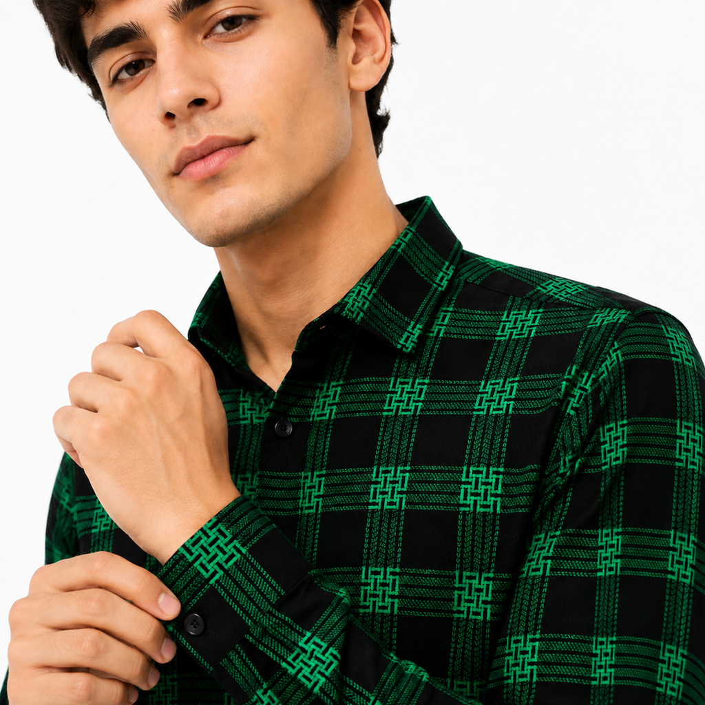 Men’s Black & Green Check Slim-Fit Shirt
