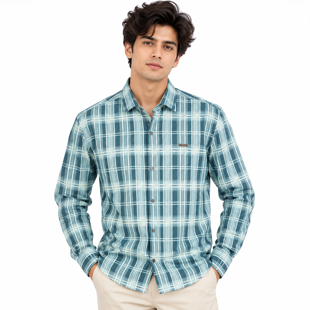 Aqua Teal Heritage Check Full-Sleeve Shirt | Smart Fit