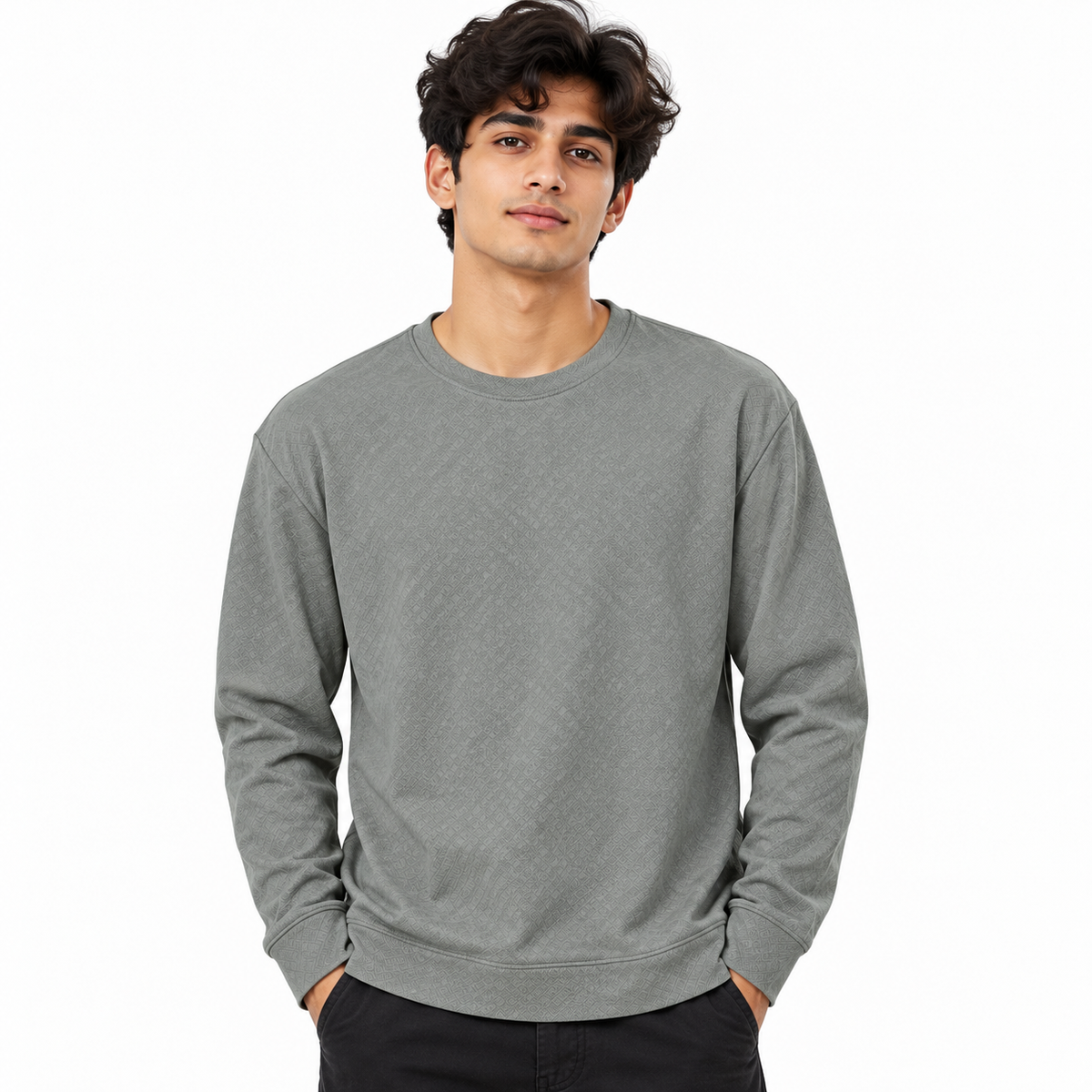 Ash Grey Geometric Textured Crewneck Sweatshirt – Unisex