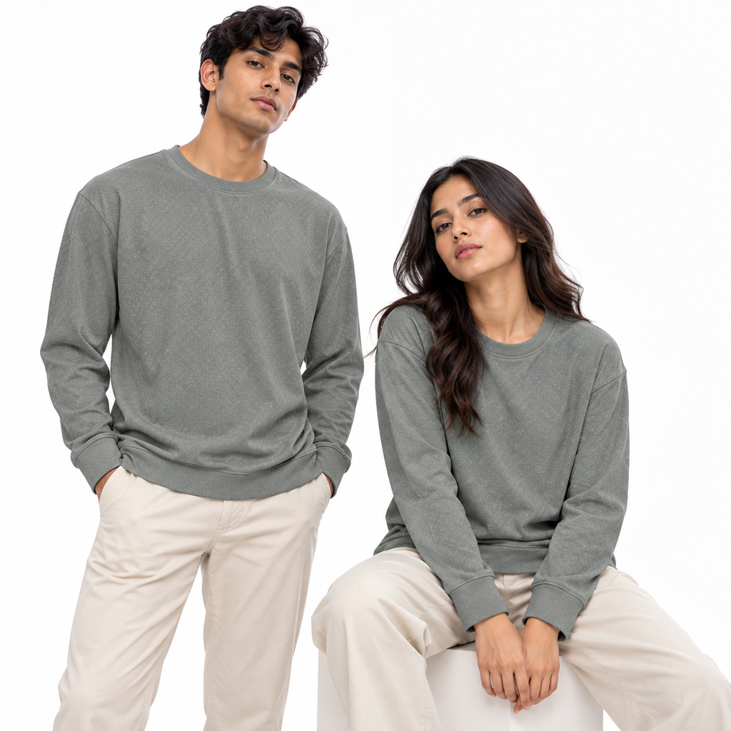 Ash Grey Geometric Textured Crewneck Sweatshirt – Unisex