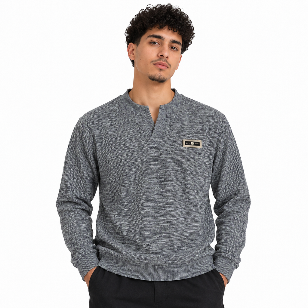 Ash Grey Textured Split-Neck Full Sleeve tee | Relaxed Fit