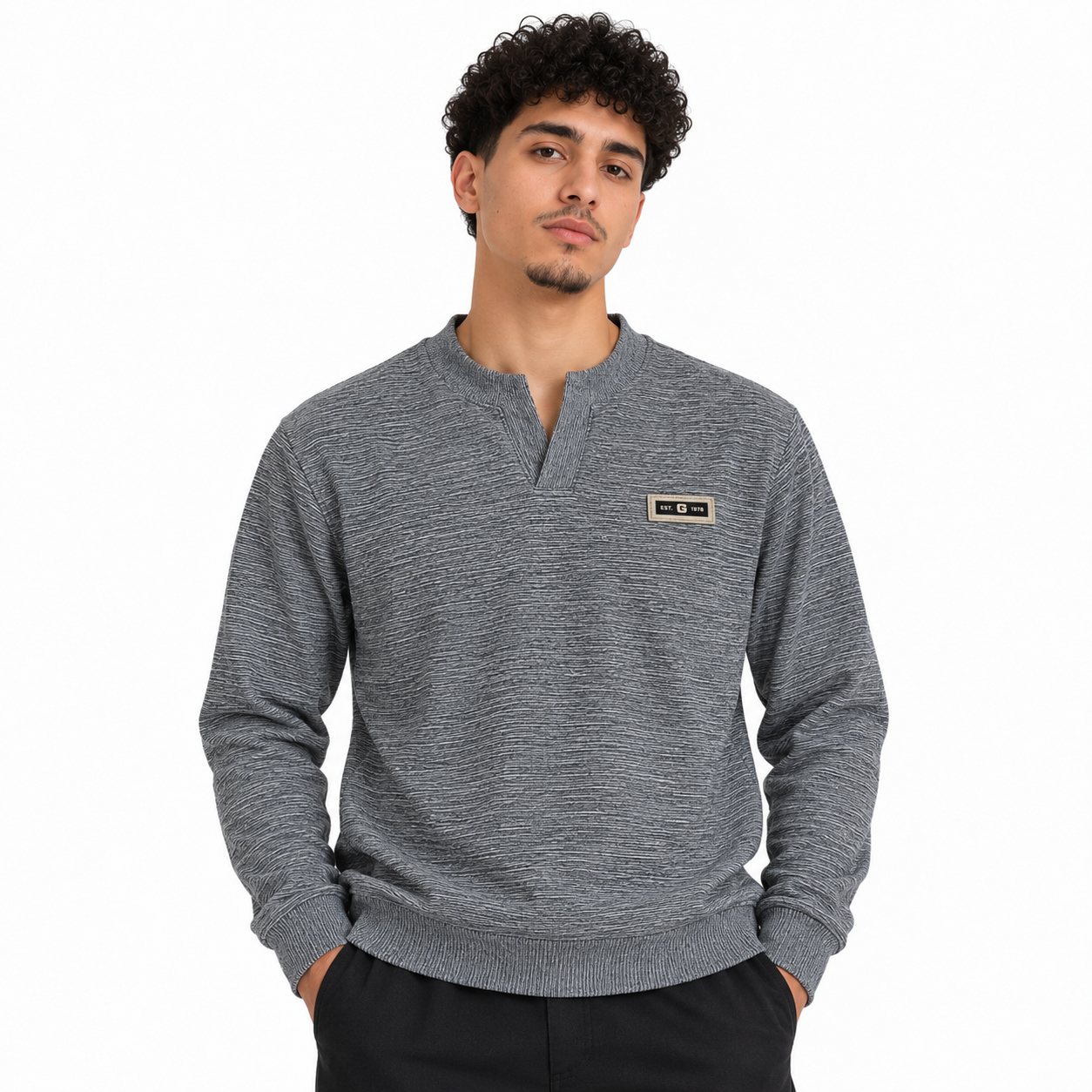 Ash Grey Textured Split-Neck Full Sleeve tee | Relaxed Fit