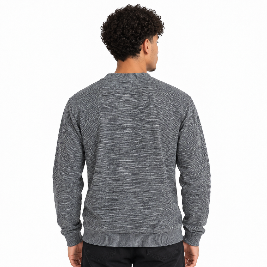 Ash Grey Textured Split-Neck Full Sleeve tee | Relaxed Fit