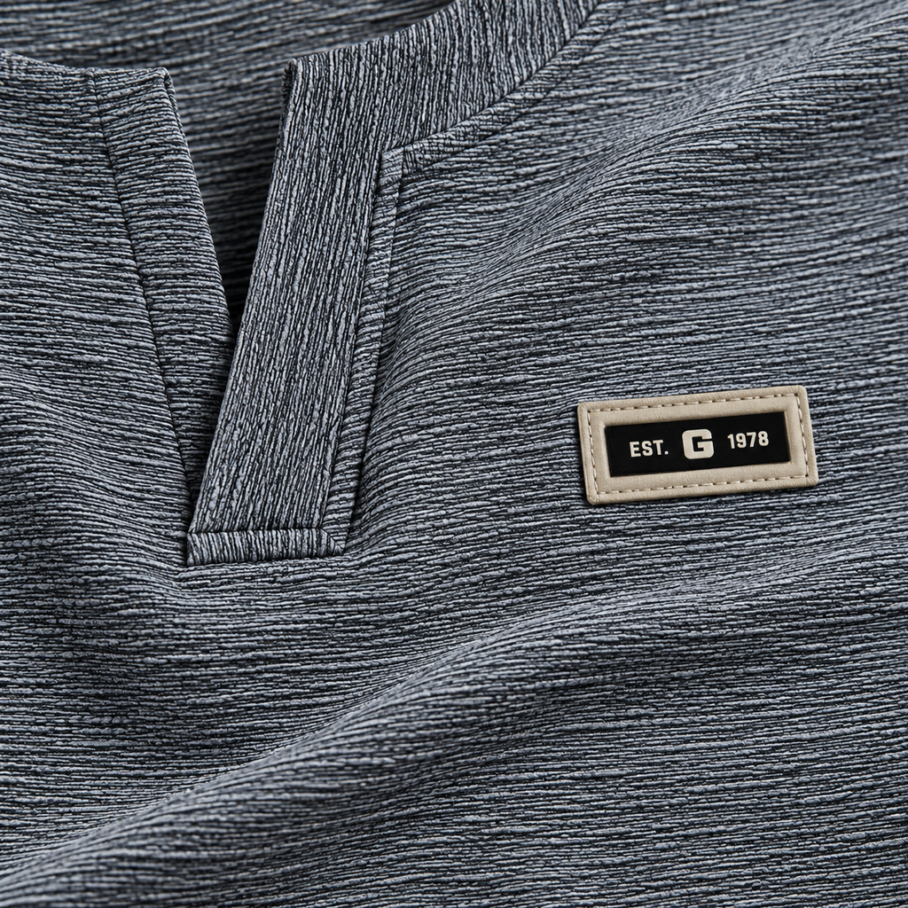 Ash Grey Textured Split-Neck Full Sleeve tee | Relaxed Fit