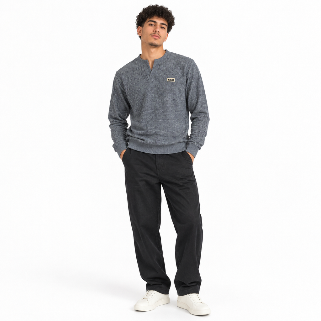 Ash Grey Textured Split-Neck Full Sleeve tee | Relaxed Fit