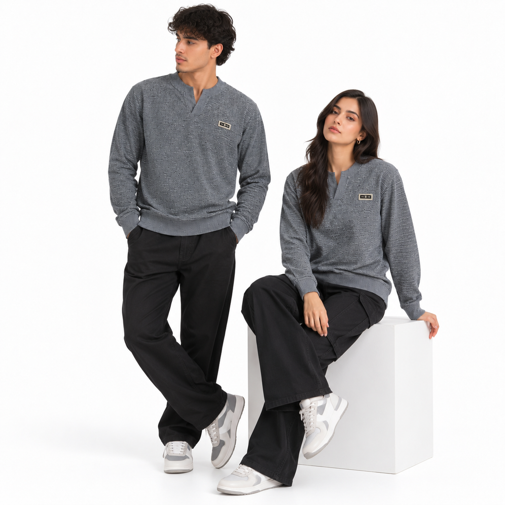 Ash Grey Textured Split-Neck Full Sleeve tee | Relaxed Fit