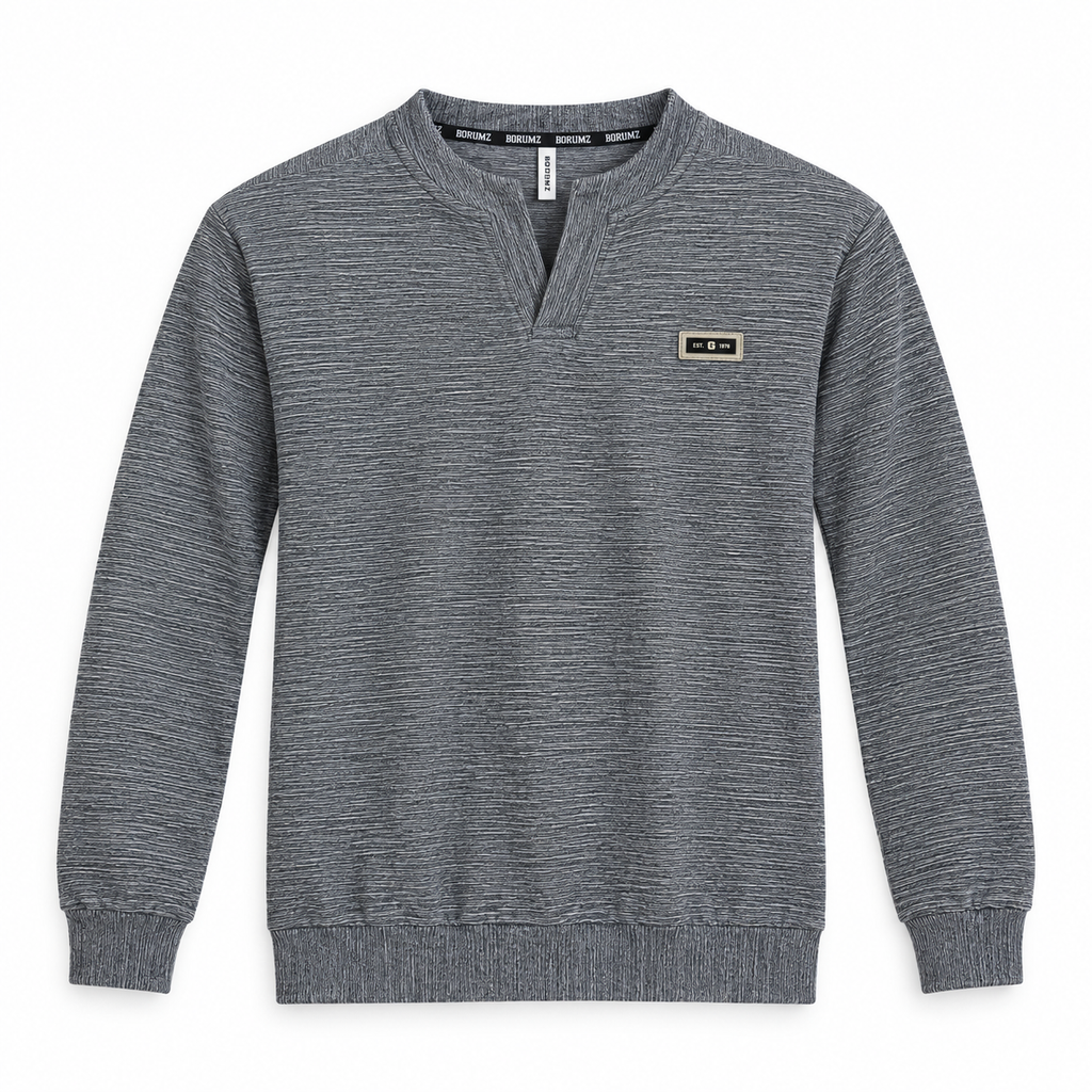 Ash Grey Textured Split-Neck Full Sleeve tee | Relaxed Fit