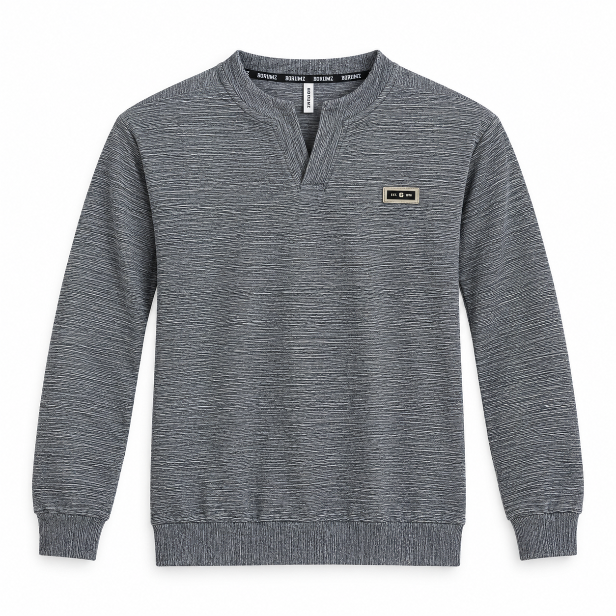 Ash Grey Textured Split-Neck Full Sleeve tee | Relaxed Fit