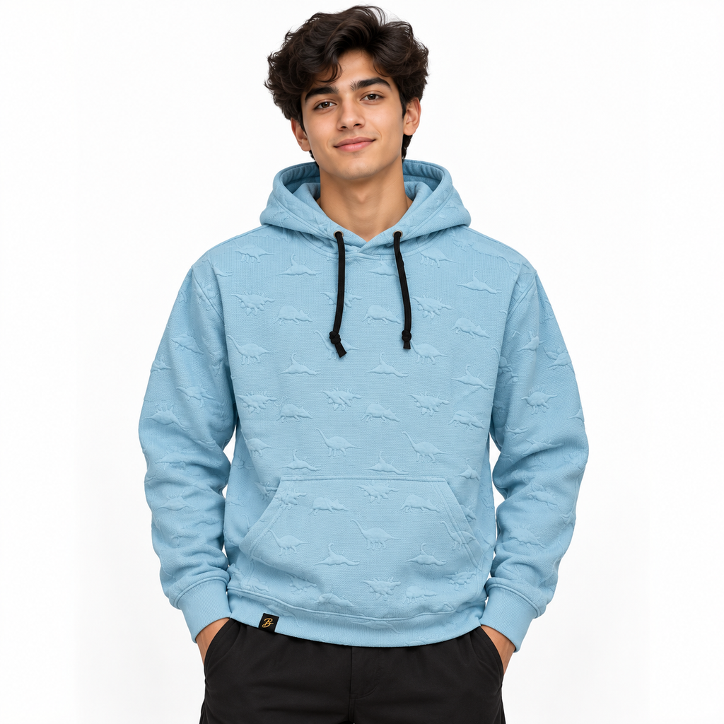 Baby Blue Dinosaur Embossed Textured Pullover Hoodie – Unisex