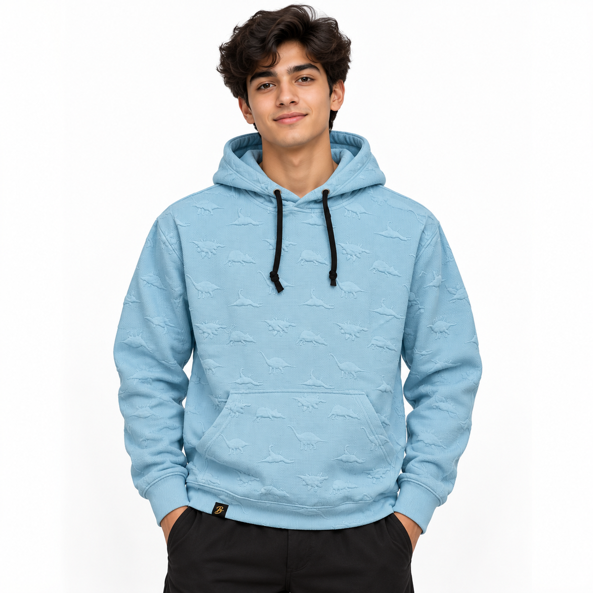 Baby Blue Dinosaur Embossed Textured Pullover Hoodie – Unisex