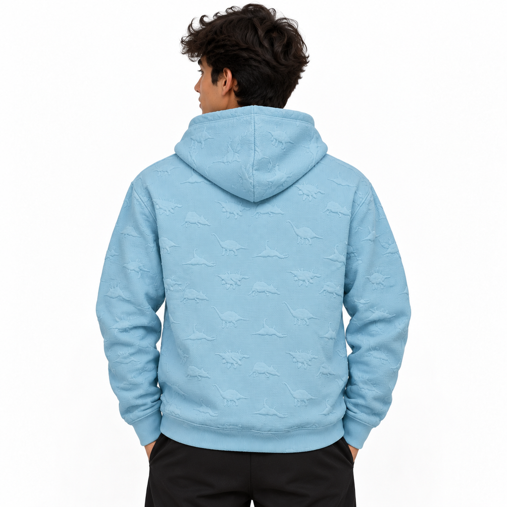 Baby Blue Dinosaur Embossed Textured Pullover Hoodie – Unisex
