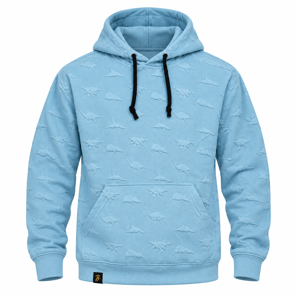 Baby Blue Dinosaur Embossed Textured Pullover Hoodie – Unisex