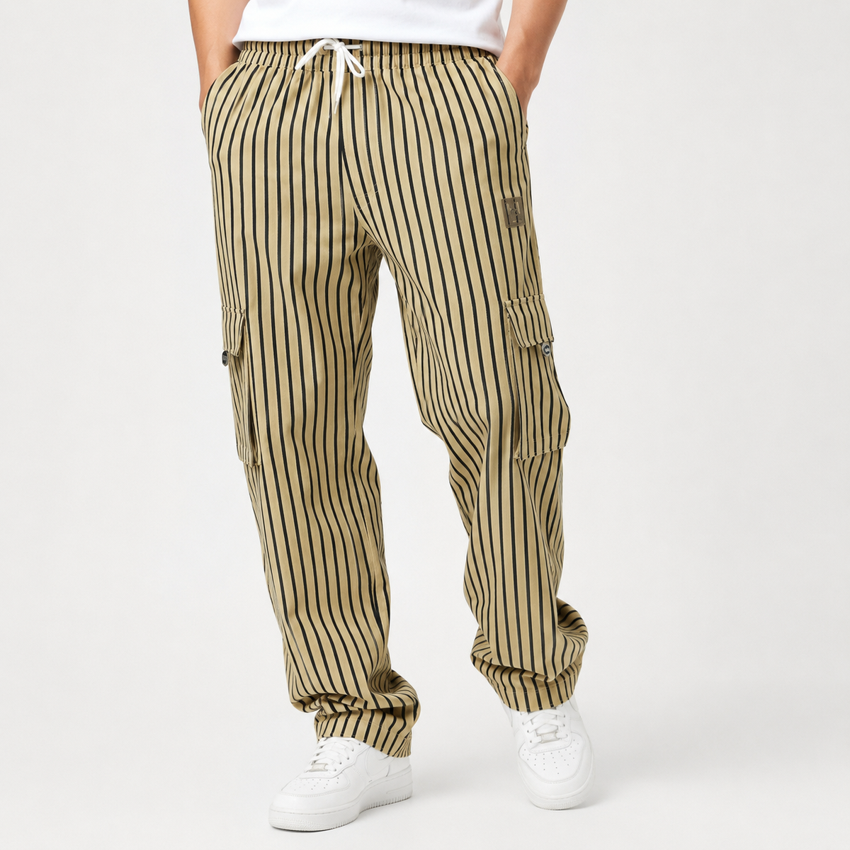 Dark Olive & Black Striped Cargo Joggers - Cotton Trousers