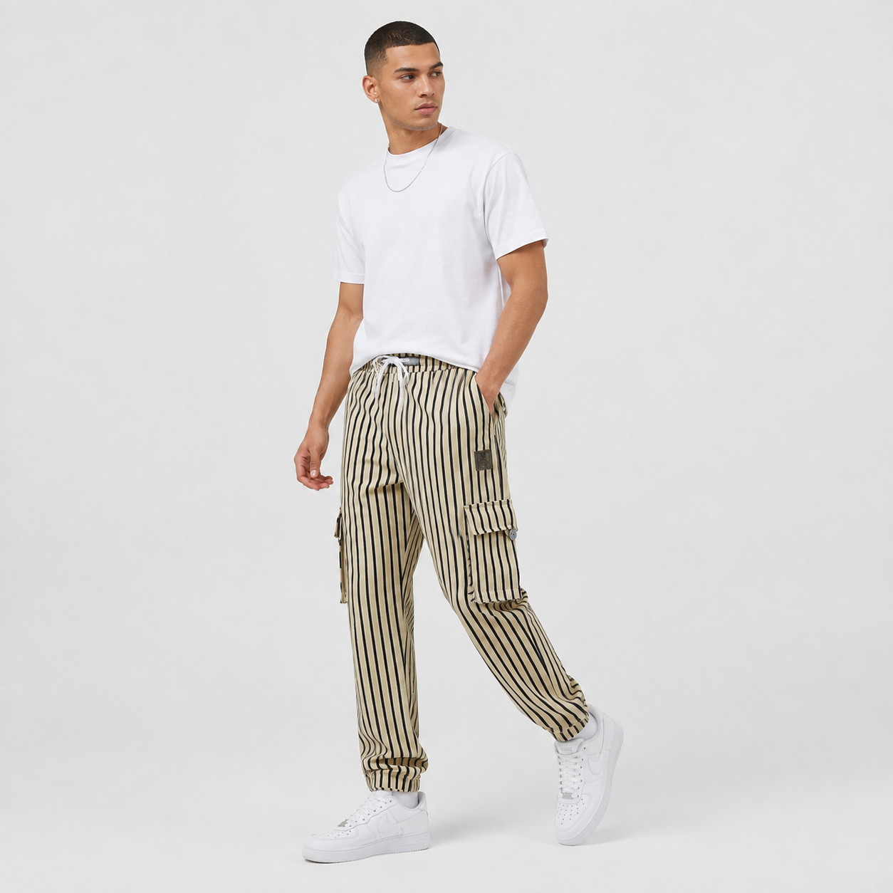 Dark Olive & Black Striped Cargo Joggers - Cotton Trousers